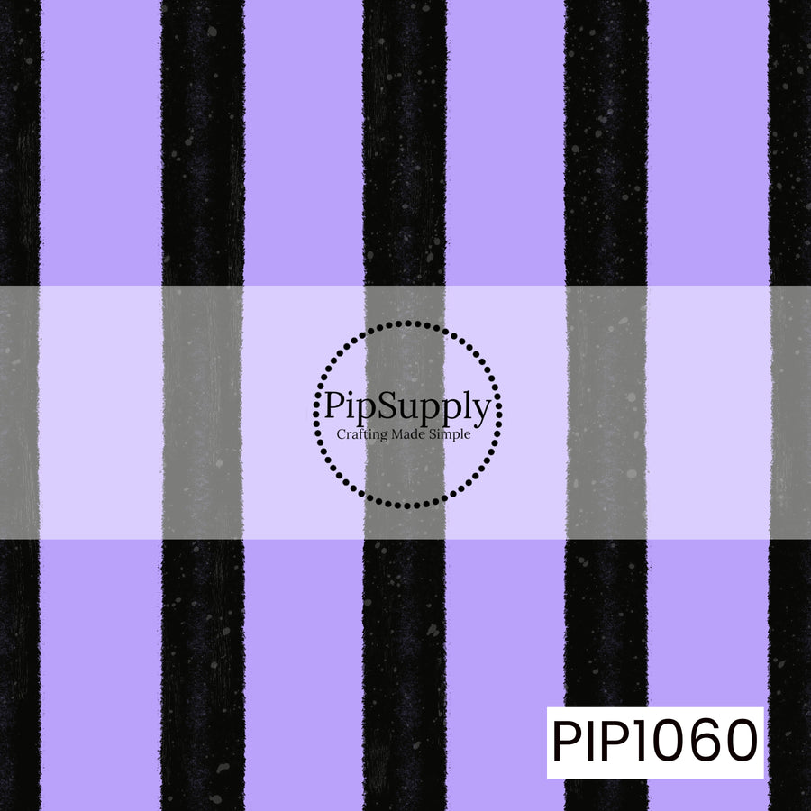 A bold seamless pattern featuring wide distressed black vertical stripes on a soft lavender background. The textured brushstroke effect gives this classic stripe a fun, slightly spooky twist that's perfect for Halloween and coordinating fall designs.
