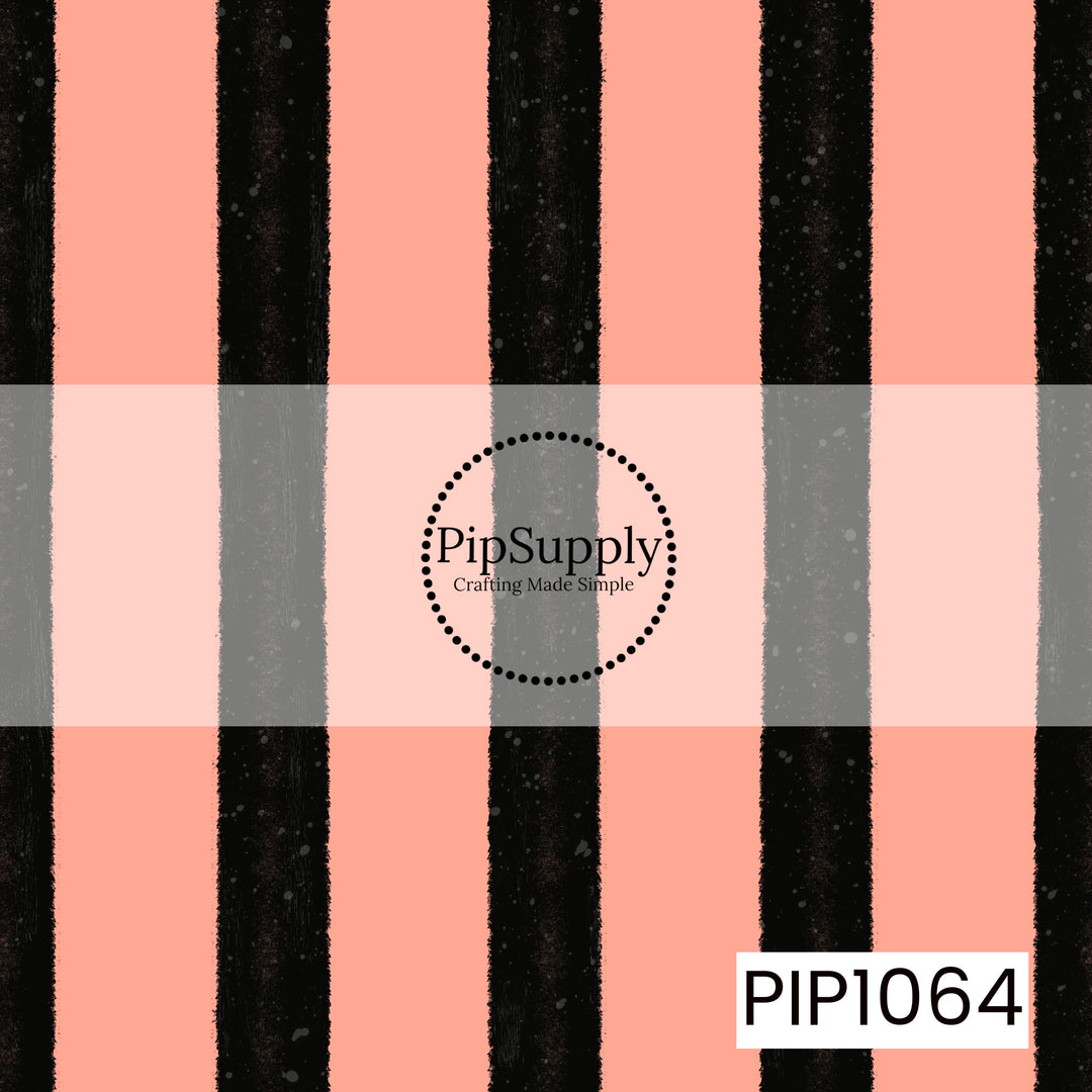 A bold seamless pattern featuring wide distressed black vertical stripes on a soft peach background. The textured brushstroke effect gives this classic design a playful vintage feel, making it a perfect coordinating print for Halloween and fall collections.
