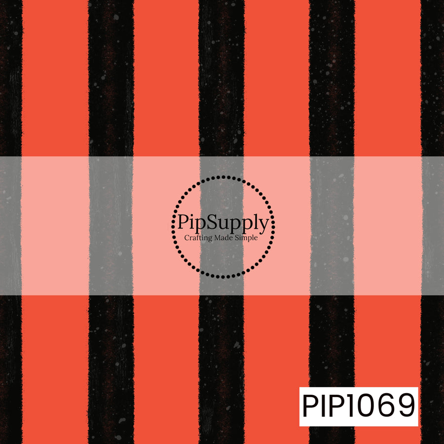Bold black painterly stripes run vertically across a vibrant orange background, creating a striking Halloween-inspired pattern. The distressed brushstroke texture and subtle speckled detailing within the stripes add depth and character, giving the design a modern, hand-painted feel with bold seasonal appeal.
