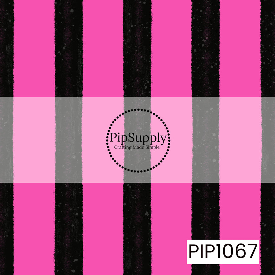 Bold black painterly stripes run vertically across a vibrant hot pink background, creating a fun, high-contrast design with a slightly distressed, hand-painted look. Subtle speckled texture throughout the black stripes adds extra depth and visual interest while keeping the pattern modern and playful.
