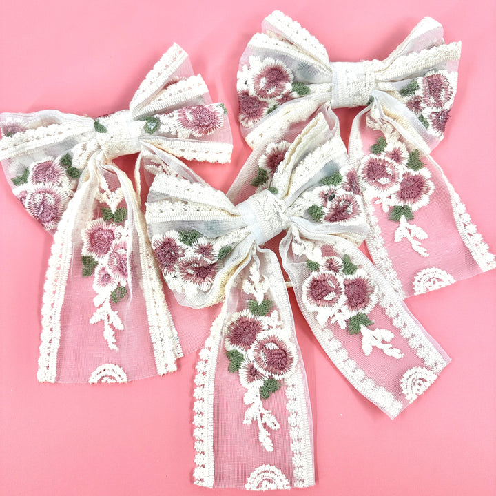 Embroidered Lace Hair Bow - Finished