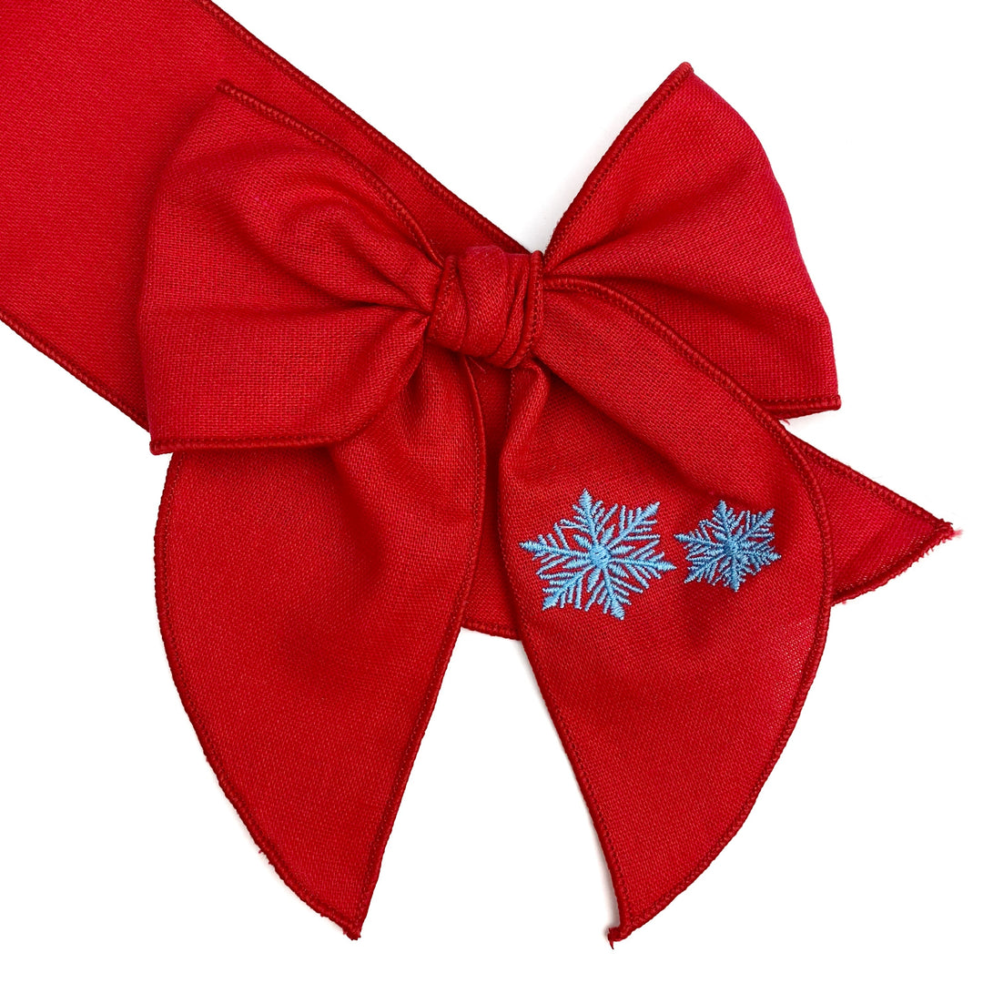 Red with Blue Snowflakes Embroidered JB Effortless Bow Strips - Large Serged Edge
