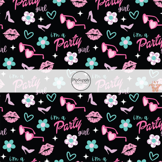 Black fabric by the yard with the phrase "Let's go party", flowers, hearts, sunglasses, and high heels.