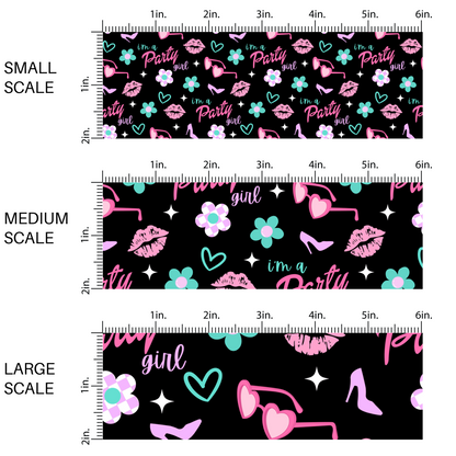 Black fabric by the yard scaled image guide with the phrase "Let's go party", flowers, hearts, and sunglasses, and high heels.