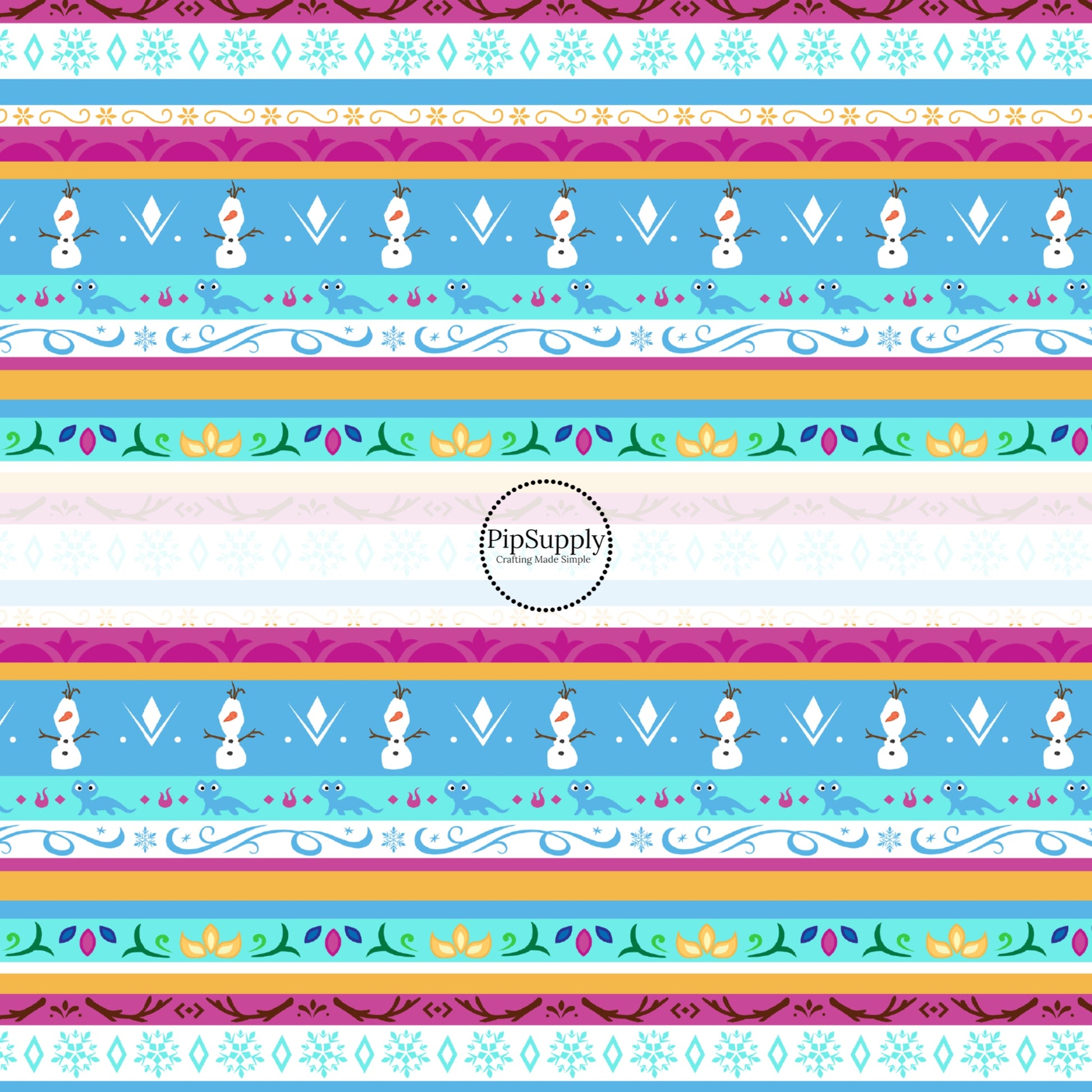Blue and purple striped princess fabric by the yard with snowmen, florals and snowflakes.