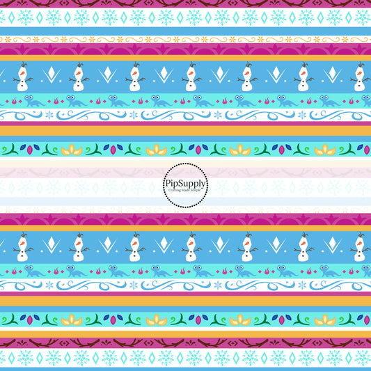 Blue and purple striped princess fabric by the yard with snowmen, florals and snowflakes.