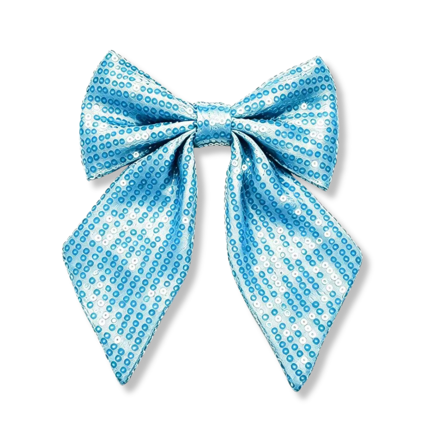 A beautiful bow featuring an allover aqua blue sequin design with a radiant shimmer that catches the light from every angle. The sparkling finish, classic bow silhouette, and pointed tails create an elegant accessory perfect for adding a touch of glamour to any look.
SIZE: 5"X 6"