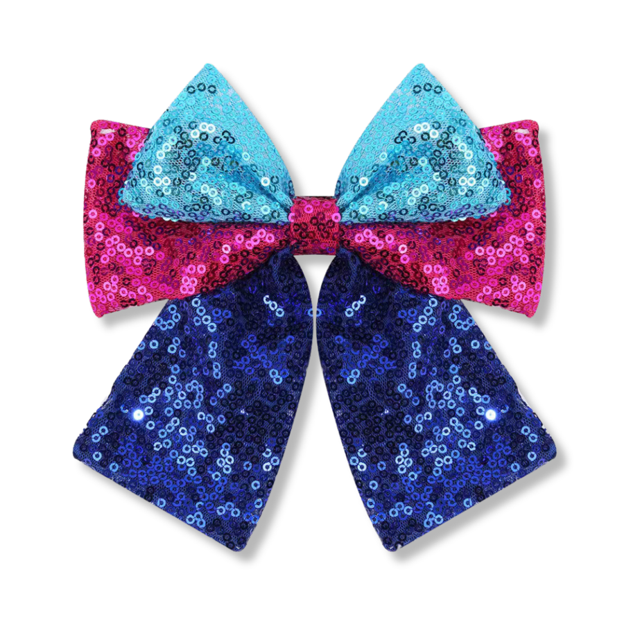 A bold and vibrant sequin bow featuring striking layers of aqua blue, hot pink, and royal blue sparkle. Covered in shimmering sequins from top to tail, this eye-catching design delivers maximum shine and playful color contrast.
SIZE: 5"X 6"
