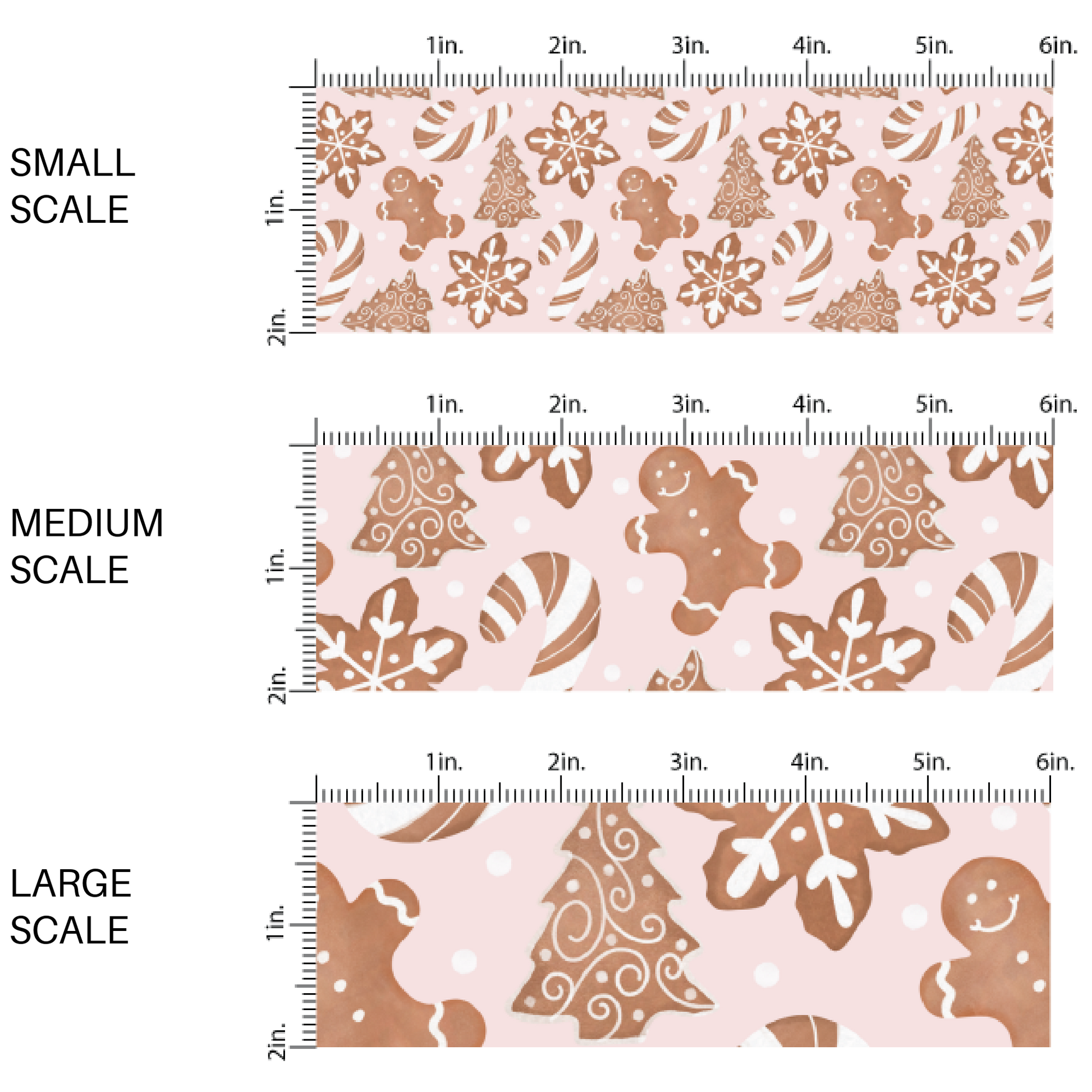 This scale chart of small scale, medium scale, and large scale of these holiday pattern themed fabric by the yard features iced gingerbread cookies on light pink. This fun Christmas fabric can be used for all your sewing and crafting needs!