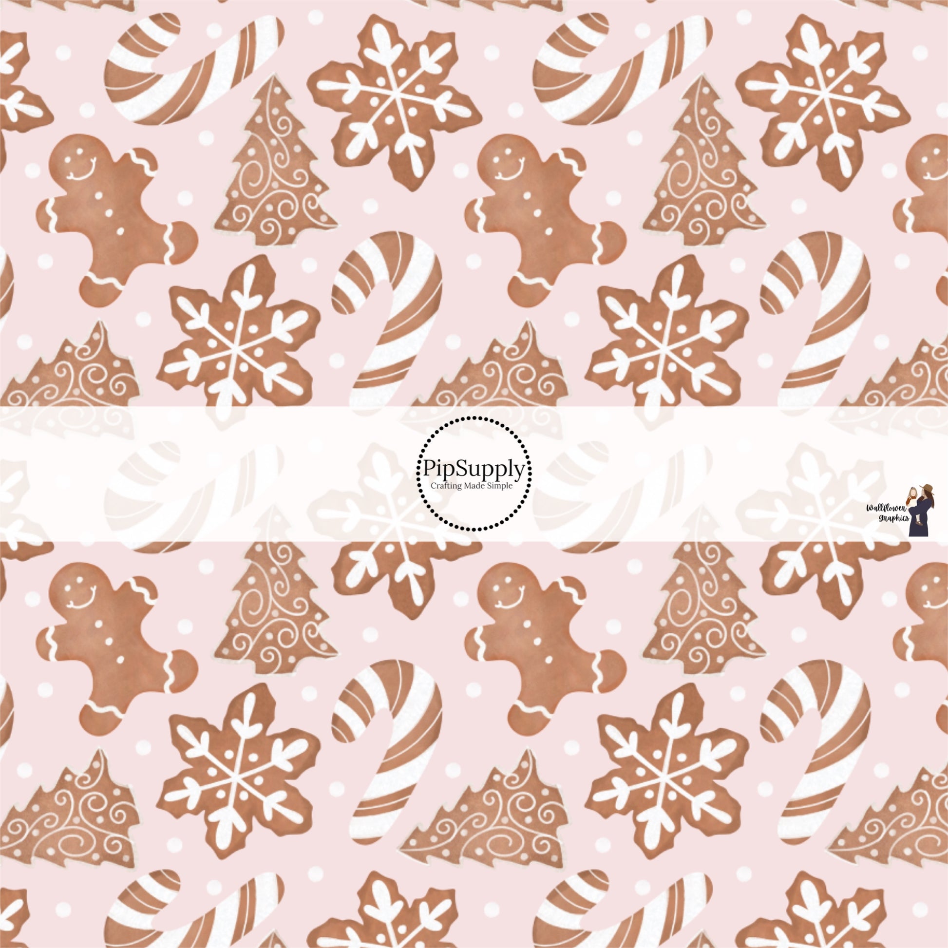 These holiday pattern themed fabric by the yard features iced gingerbread cookies on light pink. This fun Christmas fabric can be used for all your sewing and crafting needs!