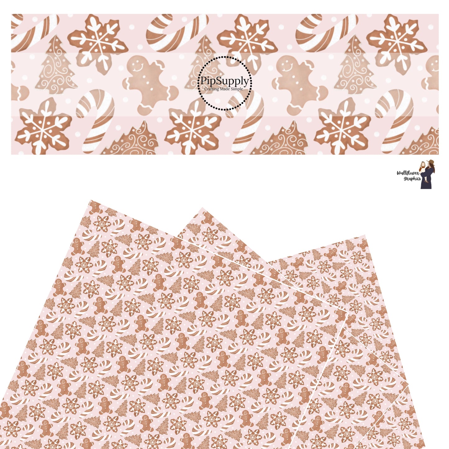 These holiday themed faux leather sheets contain the following design elements: iced gingerbread cookies on light pink. Our CPSIA compliant faux leather sheets or rolls can be used for all types of crafting projects.