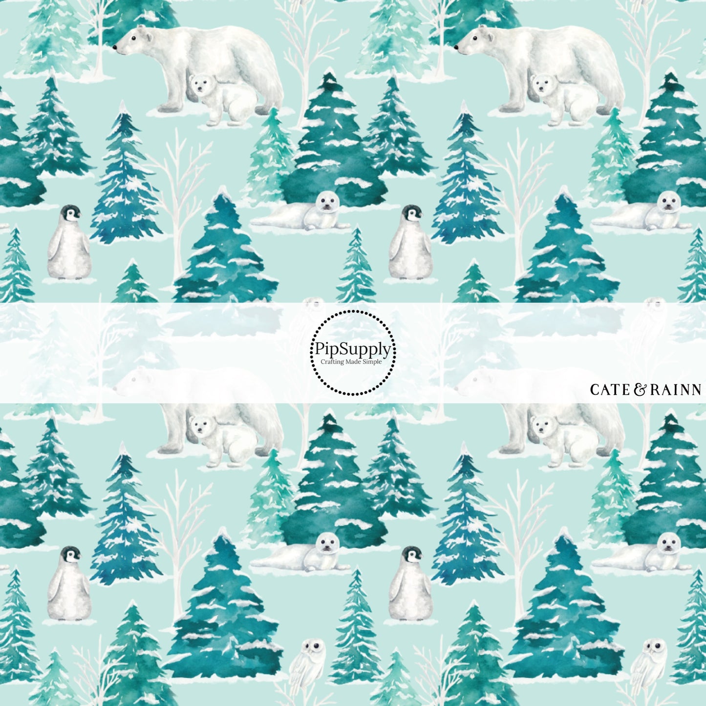 Light blue fabric by the yard with polar bears and penguins.