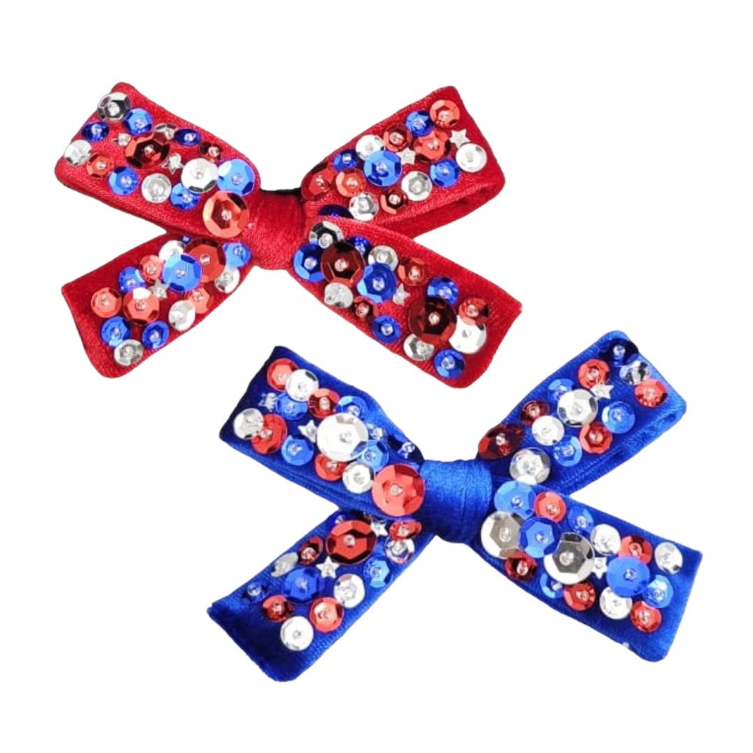 High-End Sequin Embellished Patriotic Velvet Bow Clips