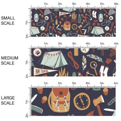 This scale chart of small scale, medium scale, and large scale of these fall themed fabric by the yard features outdoor adventure items on dark blue. This fun autumn themed fabric can be used for all your sewing and crafting needs! 