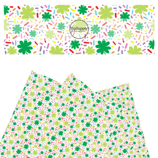 These St. Patrick's Day pattern themed faux leather sheets contain the following design elements: St. Patrick's Day green shamrocks surrounded by colorful celebration dots on white. Our CPSIA compliant faux leather sheets or rolls can be used for all types of crafting projects.