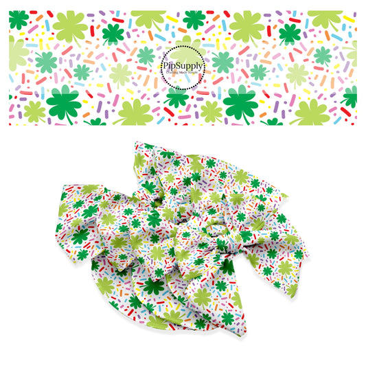 These St. Patrick's Day pattern themed no sew bow strips can be easily tied and attached to a clip for a finished hair bow. These patterned bow strips are great for personal use or to sell. These bow strips features St. Patrick's Day green shamrocks surrounded by colorful celebration dots on white. 