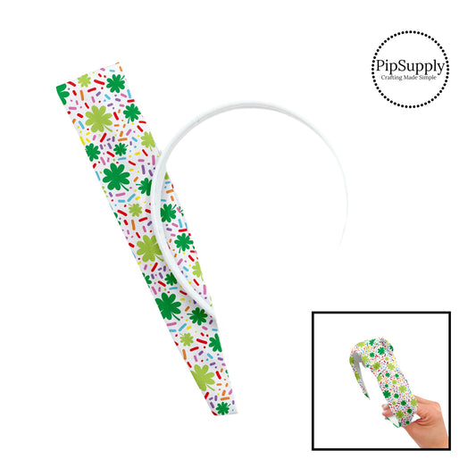 These patterned headband kits are easy to assemble and come with everything you need to make your own knotted headband. These St. Patrick's Day kits include a custom printed and sewn fabric strip and a coordinating velvet headband. This cute pattern features St. Patrick's Day green shamrocks surrounded by colorful celebration dots on white. 