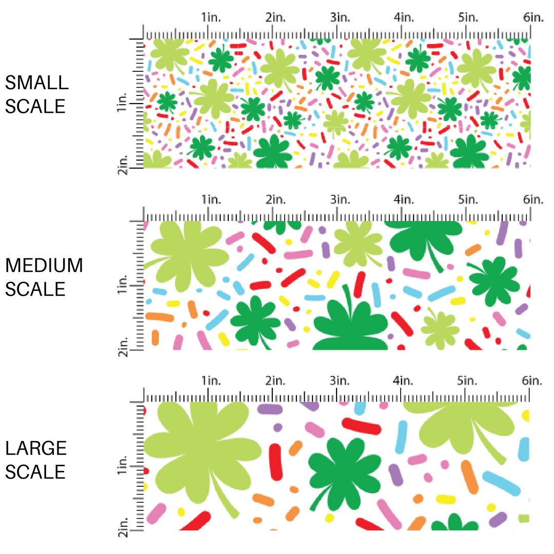 Bright Colored Confetti and Clovers on White Fabric by the Yard scaled image guide.