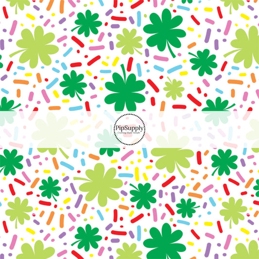 Bright Colored Confetti and Clovers on White Fabric by the Yard