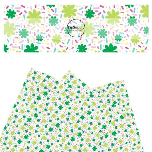 These St. Patrick's Day pattern themed faux leather sheets contain the following design elements: St. Patrick's Day green shamrocks surrounded by colorful celebration dots on white. Our CPSIA compliant faux leather sheets or rolls can be used for all types of crafting projects.