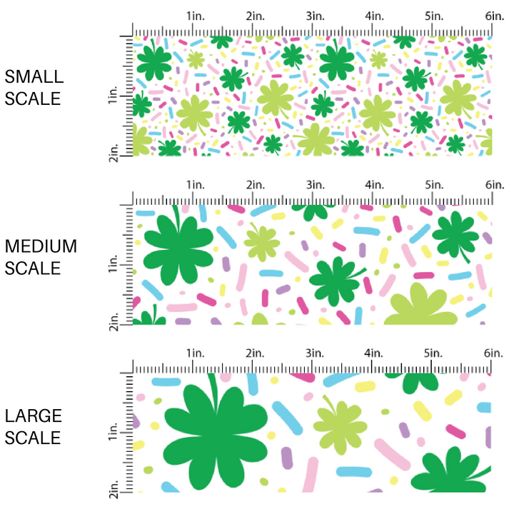 Pastel Colored Confetti and Clovers on White Fabric by the Yard.