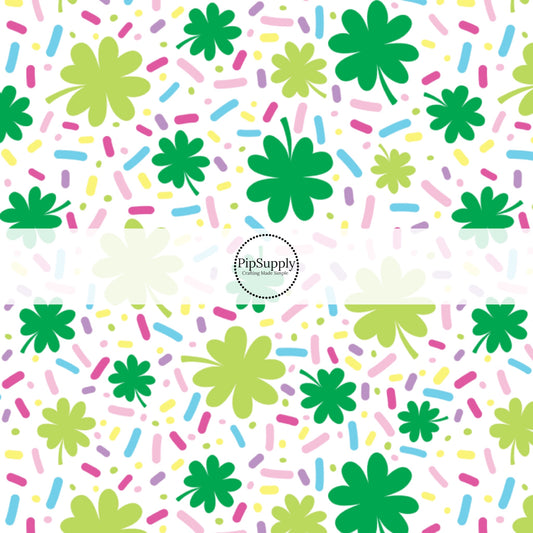 Pastel Colored Confetti and Clovers on White Fabric by the Yard.