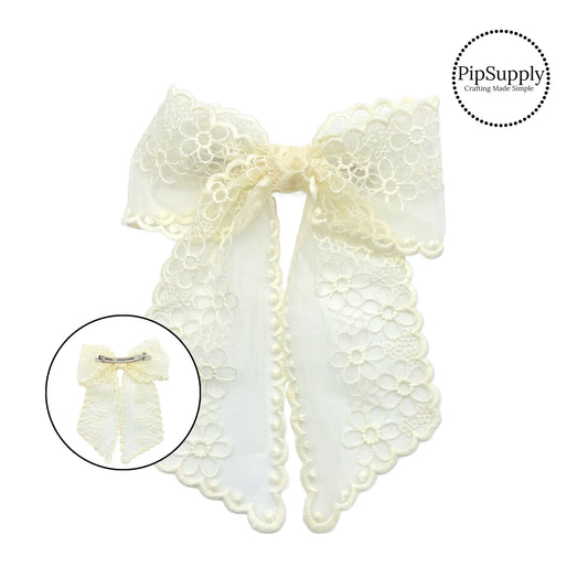 These ivory colored tulle angled large hair bow strips are ready to package and resell to your customers no sewing or measuring necessary! These come pre-tied with an attached barrette clip. The floral stitching on the bow is perfect for spring. 