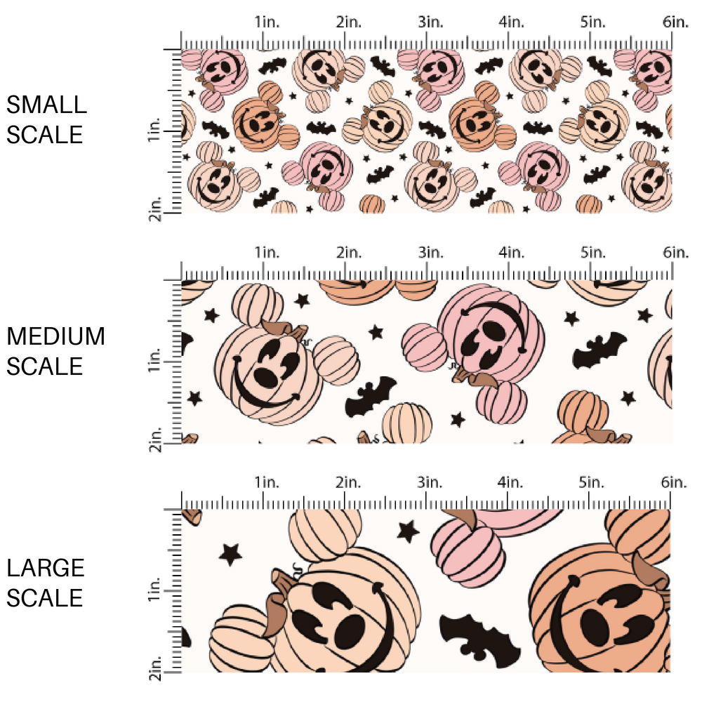 White fabric by the yard scaled image with pink and orange mouse jack-o-lanterns, bats, and stars.