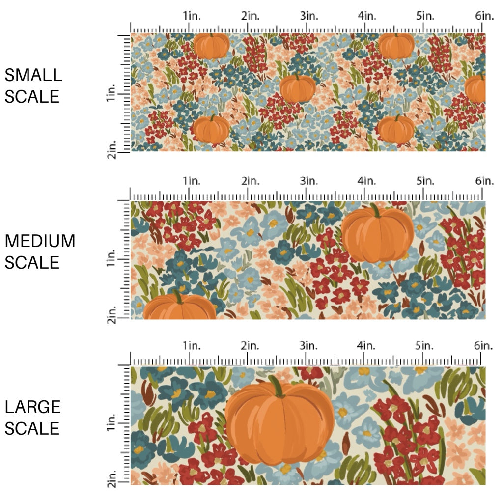 These autumn floral themed pattern fabric by the yard features the following design elements: fall flowers and pumpkins. This fun themed fabric can be used for all your sewing and crafting needs!