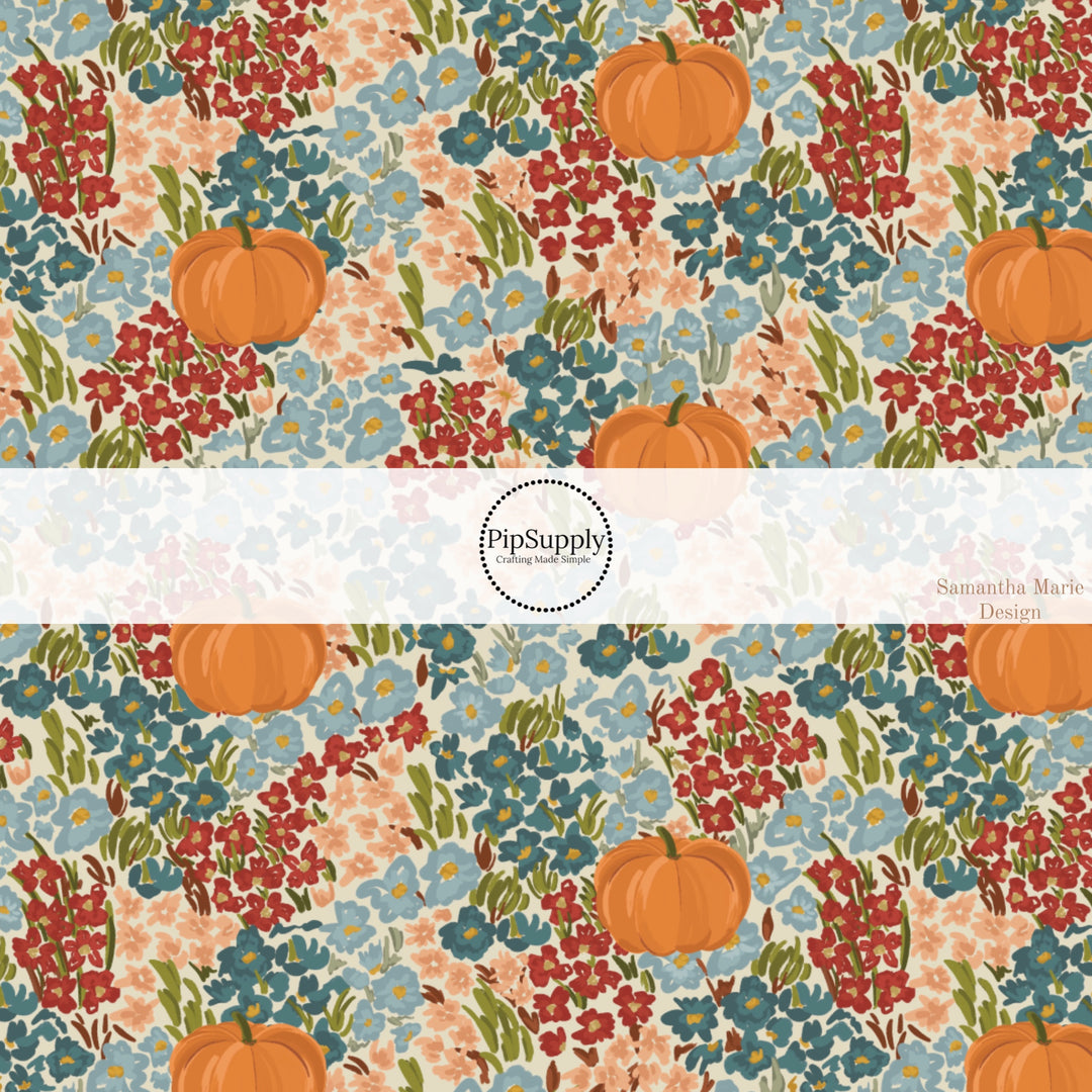 These autumn floral themed pattern fabric by the yard features the following design elements: fall flowers and pumpkins. This fun themed fabric can be used for all your sewing and crafting needs!