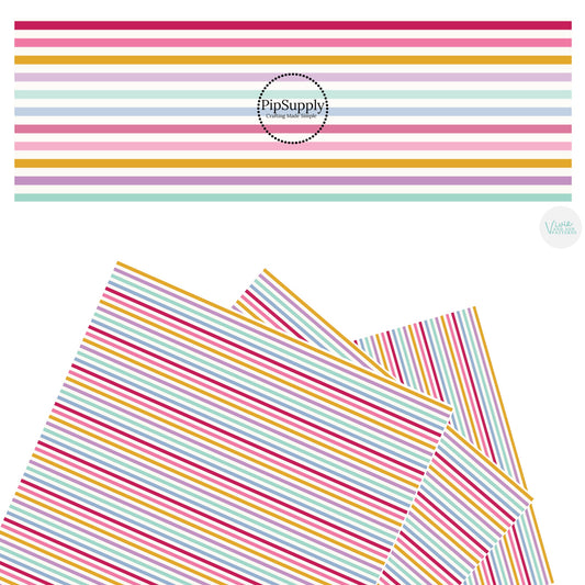 These Valentine's pattern themed faux leather sheets contain the following design elements: jewel toned rainbow stripes on cream. Our CPSIA compliant faux leather sheets or rolls can be used for all types of crafting projects.