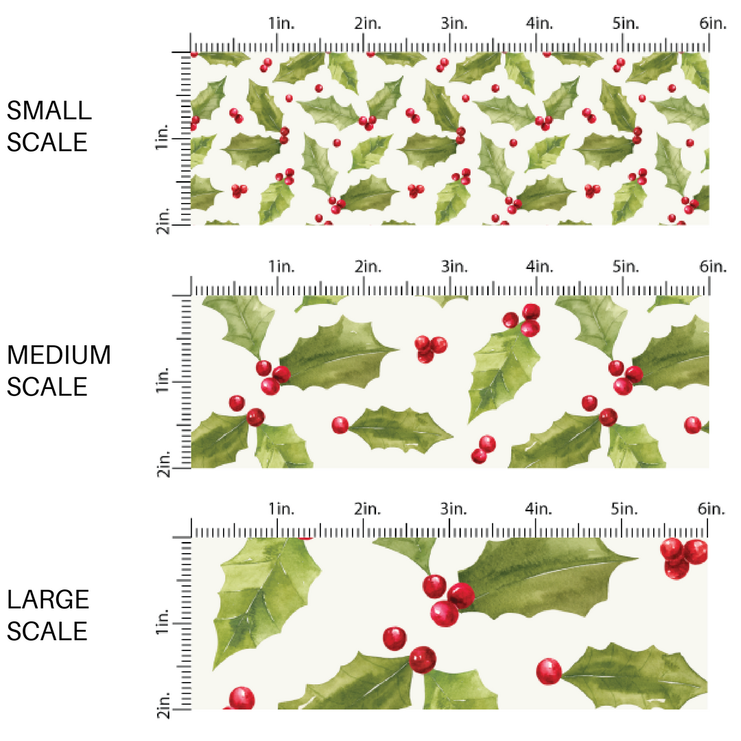 White fabric by the yard scaled image guide with green holly leaves and red berries.