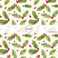 White fabric by the yard with green holly leaves and red berries.