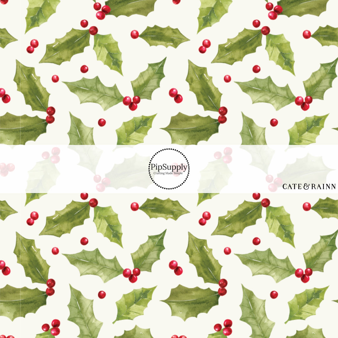 White fabric by the yard with green holly leaves and red berries.