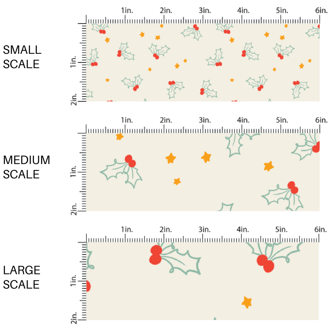 Cream fabric by the yard scaled image guide with green holly leaves and berries and orange stars.