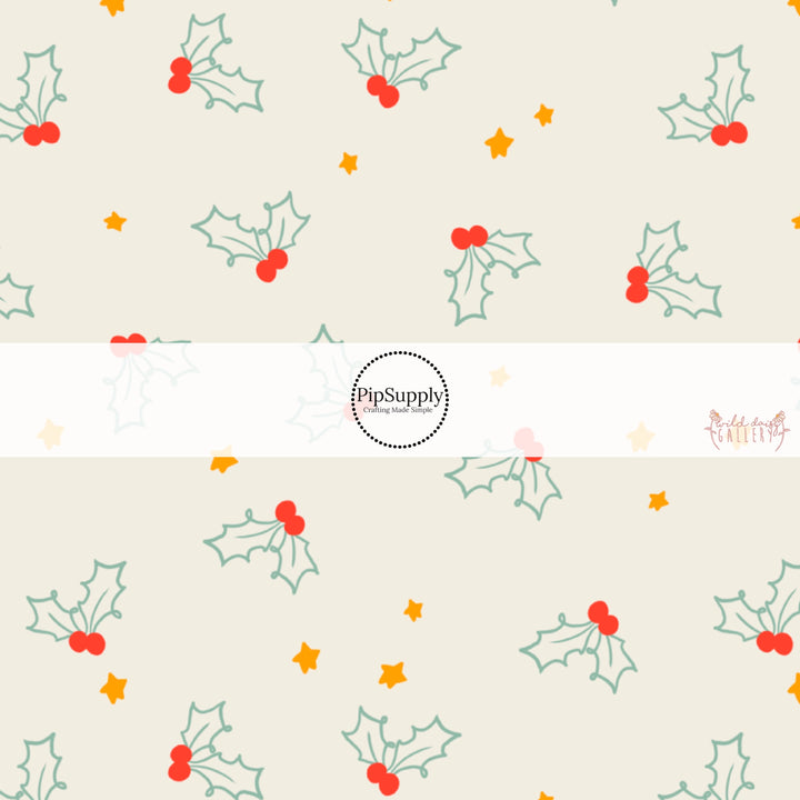 Cream fabric by the yard with green holly leaves and berries and orange stars.