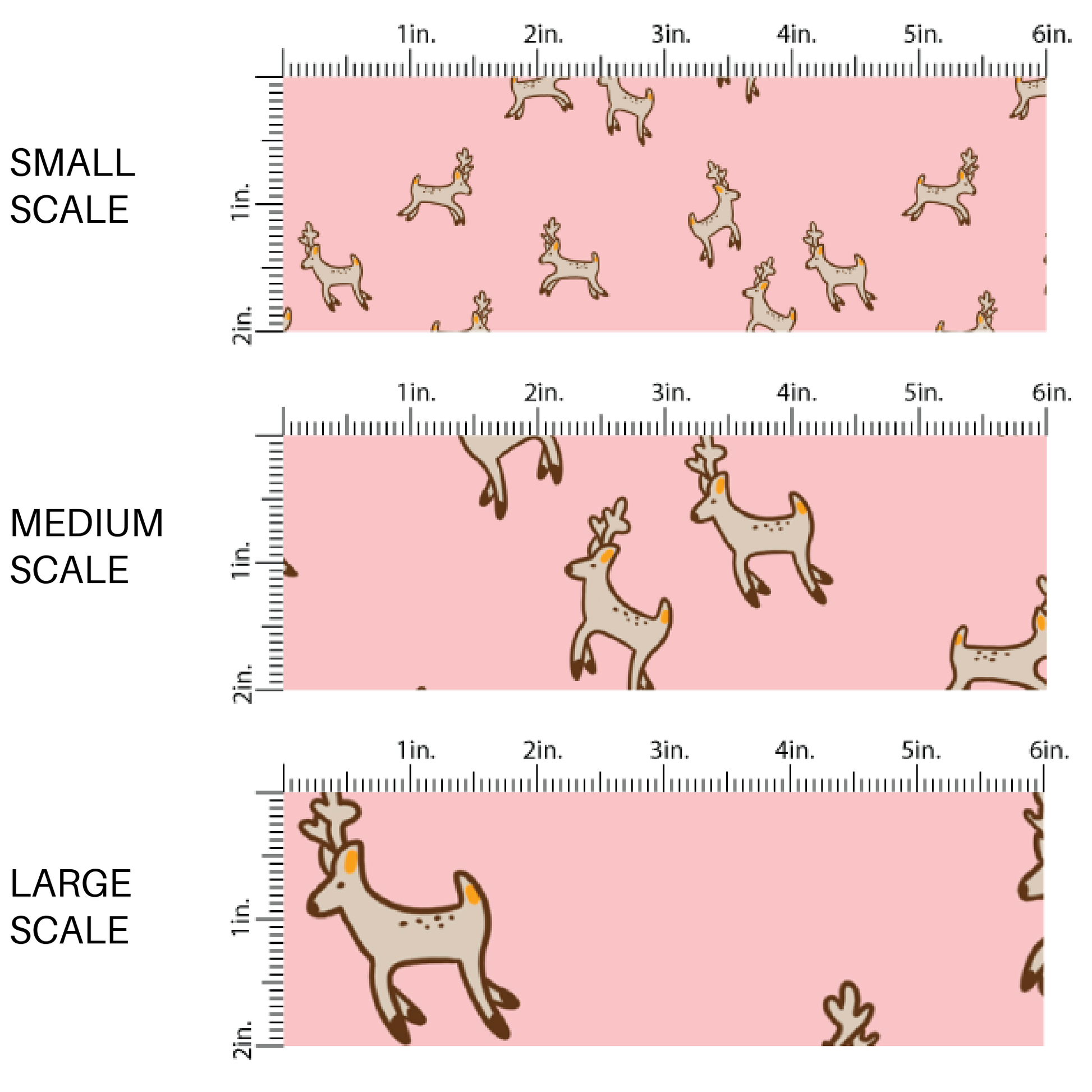 Pink fabric by the yard scaled image guide with brown jumping reindeer.