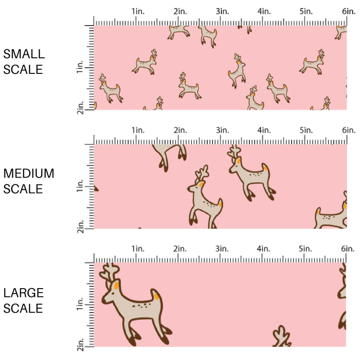 Pink fabric by the yard scaled image guide with brown jumping reindeer.