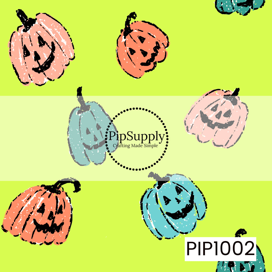 A playful Halloween seamless pattern featuring hand-drawn smiling jack-o'-lanterns in pastel shades of peach, coral, blush pink, aqua, and teal scattered across a bright yellow-green background. The pumpkins have a distressed, sketch-style texture with bold black outlines, creating a fun retro look with a cheerful pop of Halloween color.
