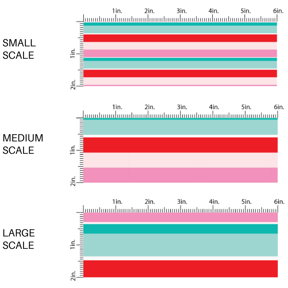 This scale chart of small scale, medium scale, and large scale of these holiday pattern themed fabric by the yard features light pink, white, teal, and red stripes. This fun Christmas fabric can be used for all your sewing and crafting needs!