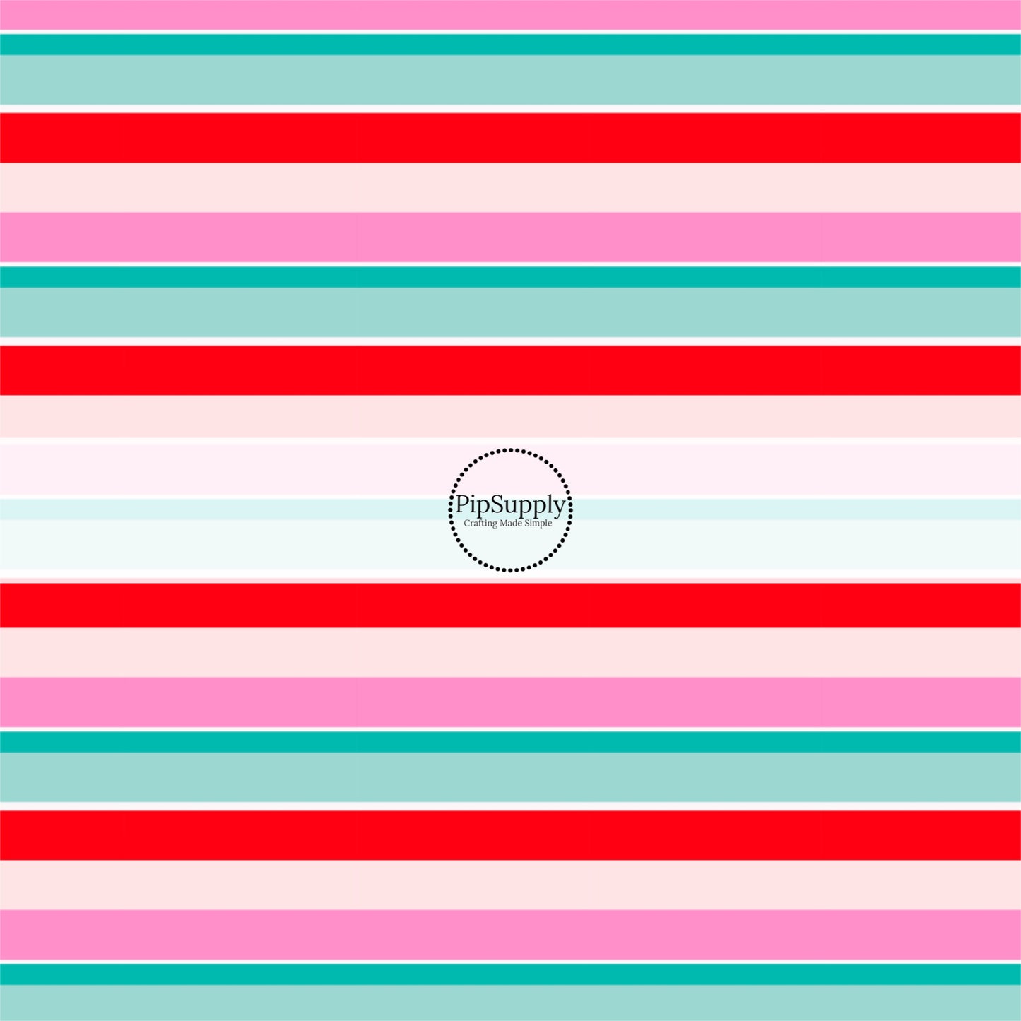 These holiday pattern themed fabric by the yard features light pink, white, teal, and red stripes. This fun Christmas fabric can be used for all your sewing and crafting needs!