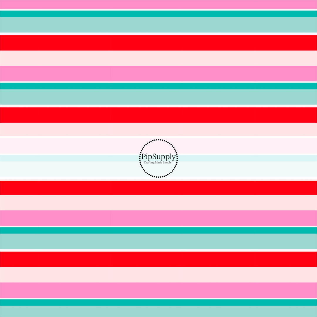 These holiday pattern themed fabric by the yard features light pink, white, teal, and red stripes. This fun Christmas fabric can be used for all your sewing and crafting needs!