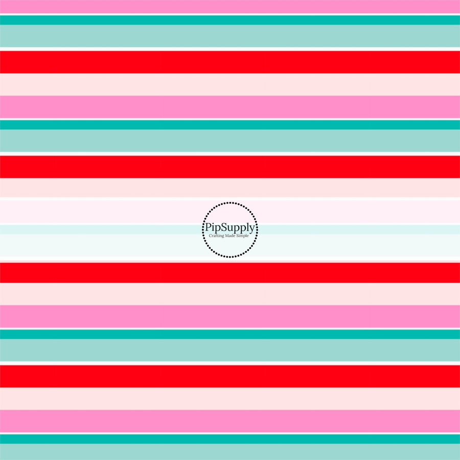 These holiday pattern themed fabric by the yard features light pink, white, teal, and red stripes. This fun Christmas fabric can be used for all your sewing and crafting needs!