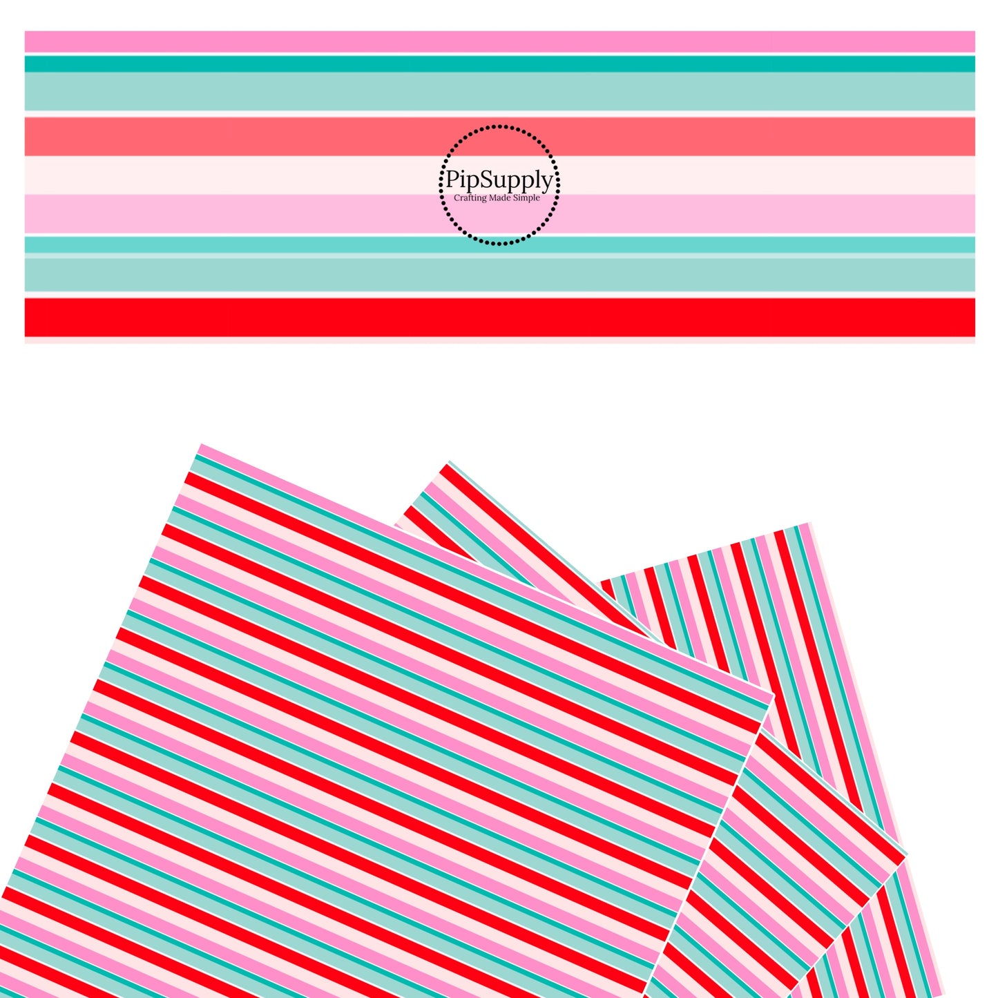 These holiday themed faux leather sheets contain the following design elements: light pink, white, teal, and red stripes. Our CPSIA compliant faux leather sheets or rolls can be used for all types of crafting projects.