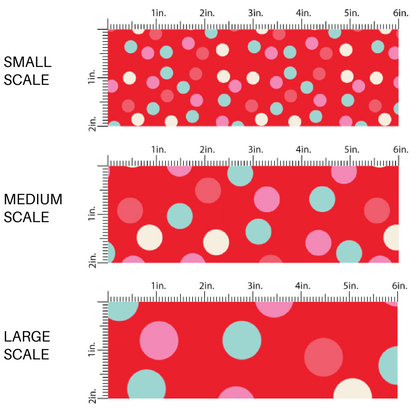 This scale chart of small scale, medium scale, and large scale of these holiday pattern themed fabric by the yard features light pink, white, and teal dots on red. This fun Christmas fabric can be used for all your sewing and crafting needs!