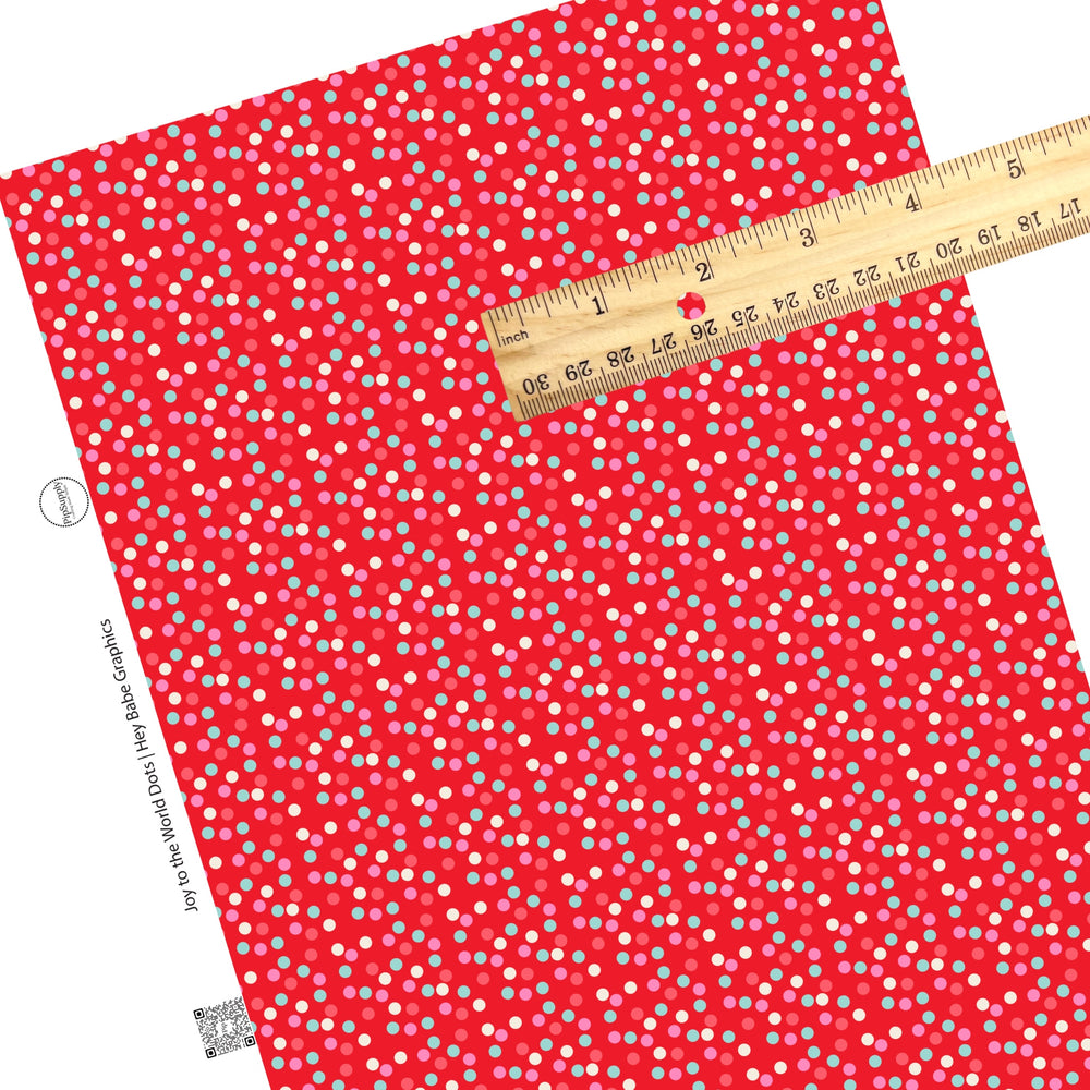 These holiday themed faux leather sheets contain the following design elements: light pink, white, and teal dots on red. Our CPSIA compliant faux leather sheets or rolls can be used for all types of crafting projects.