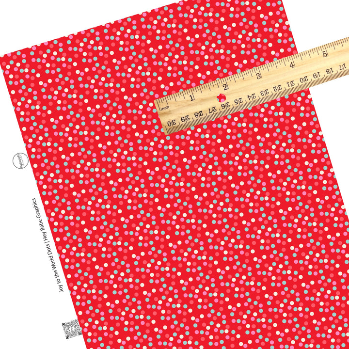 These holiday themed faux leather sheets contain the following design elements: light pink, white, and teal dots on red. Our CPSIA compliant faux leather sheets or rolls can be used for all types of crafting projects.