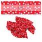 These holiday pattern themed no sew bow strips can be easily tied and attached to a clip for a finished hair bow. These Christmas bow strips are great for personal use or to sell. The bow strips features light pink, white, and teal dots on red.  