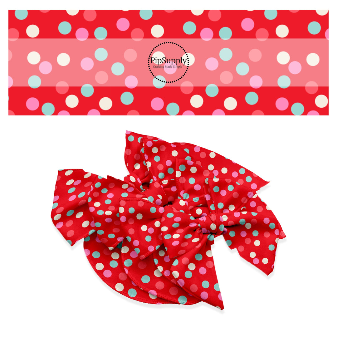 These holiday pattern themed no sew bow strips can be easily tied and attached to a clip for a finished hair bow. These Christmas bow strips are great for personal use or to sell. The bow strips features light pink, white, and teal dots on red.  