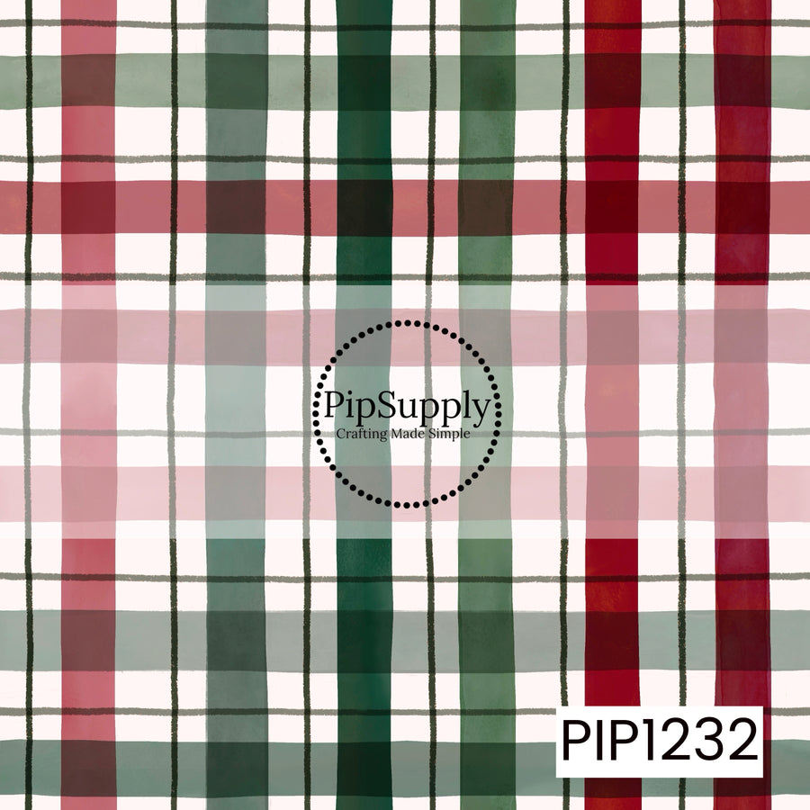 A classic holiday plaid featuring deep evergreen, rich red, soft sage, and muted blush on a warm cream background. The layered, hand-painted lines give the design a cozy watercolor look with a timeless Christmas feel.
